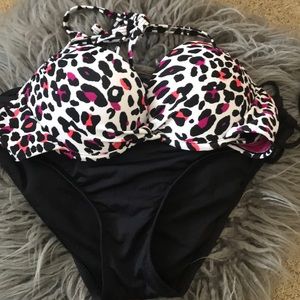 Leopard bikini top with black bottoms